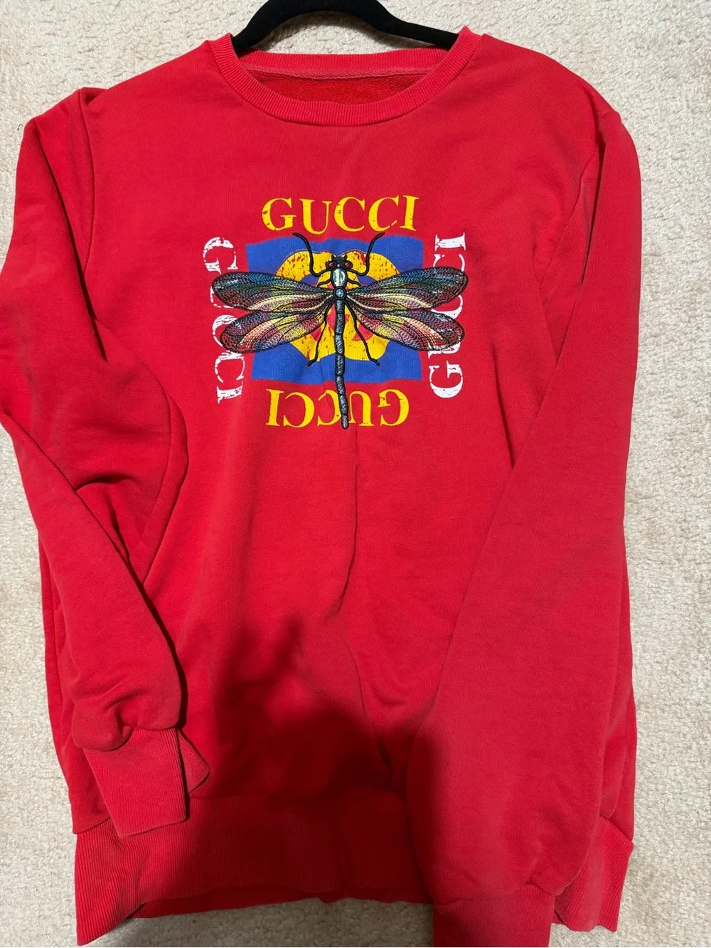 Gucci Red Crewneck with Multicolor Insect Graphic